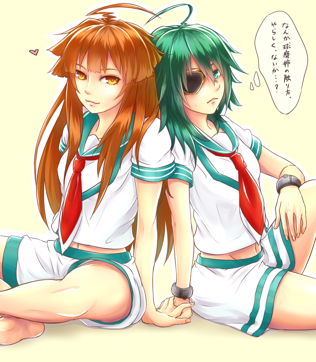 2girls, ahoge, aqua_eyes, brown_eyes, brown_hair, eyepatch, green_hair, heart, highres, holding_hands, kantai_collection, kiso_(kantai_collection), kuma_(kantai_collection), looking_at_viewer, midriff, multiple_girls, navel, no_hat, ruuto_(ruto3), sitting, smile, sweatdrop, wristband