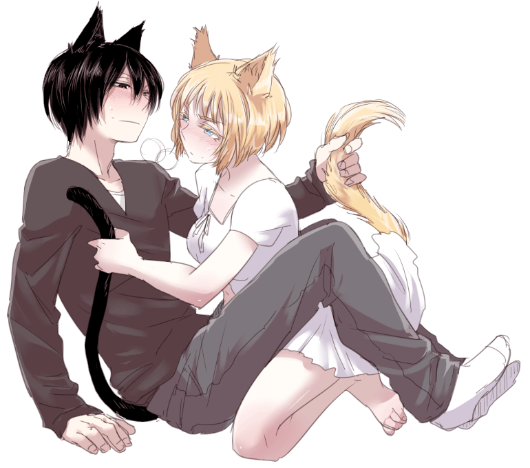 1boy, 1girl, animal_ears, black_hair, blonde_hair, blush, cat_ears, cat_tail