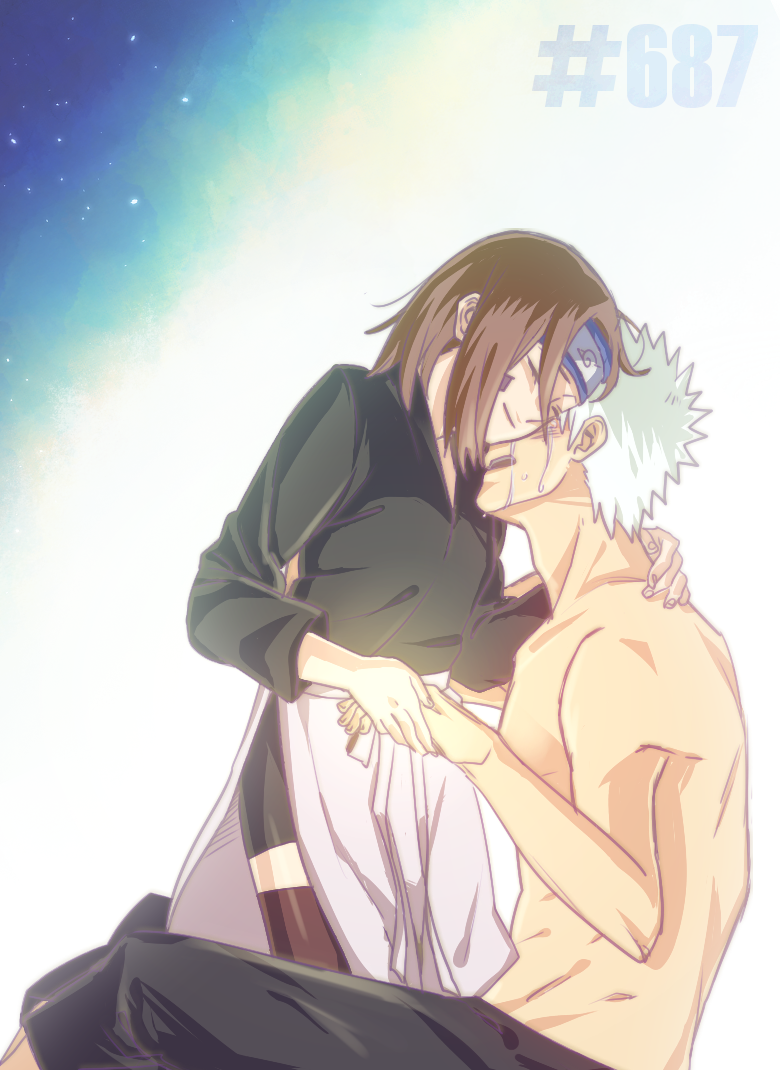 1boy, 1girl, brown_hair, closed_eyes, forehead_protector, naruto, naruto_shippuuden, nohara_rin