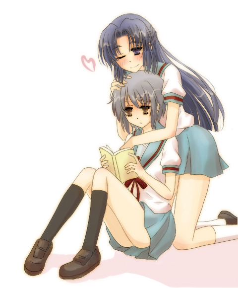blue_eyes, blue_hair, book, brown_eyes, grey_hair, hachikei, long_hair, nagato_yuki, school_uniform, short_hair, suzumiya_haruhi_no_yuuutsu