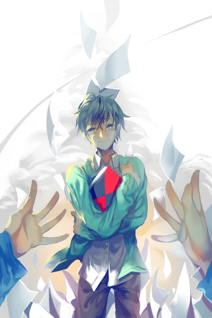 1boy, absurdres, black_hair, highres, kagerou_project, kokonose_haruka, mole, paper