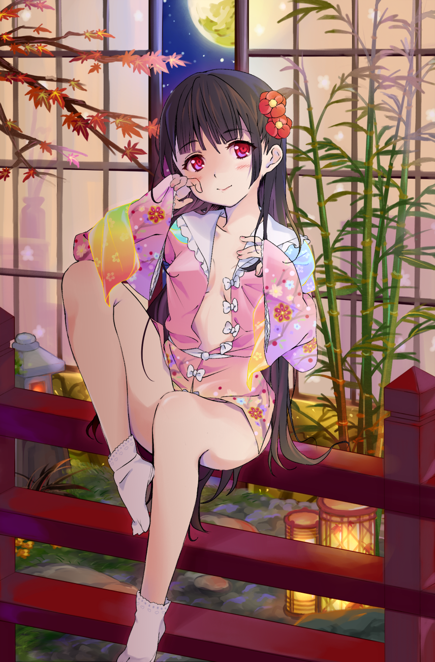 1girl, bamboo, black_hair, bottomless, breasts, censored, collarbone, convenient_censoring, dress, floral_print, flower, hair_flower, hair_ornament, highres, houraisan_kaguya, lantern, leg_up, long_hair, long_sleeves, moon, motiking, naked_shirt, night, no_bra, open_clothes, open_dress, open_shirt, red_eyes, sitting, sky, smile, solo, star_(sky), starry_sky, touhou, very_long_hair, wide_sleeves