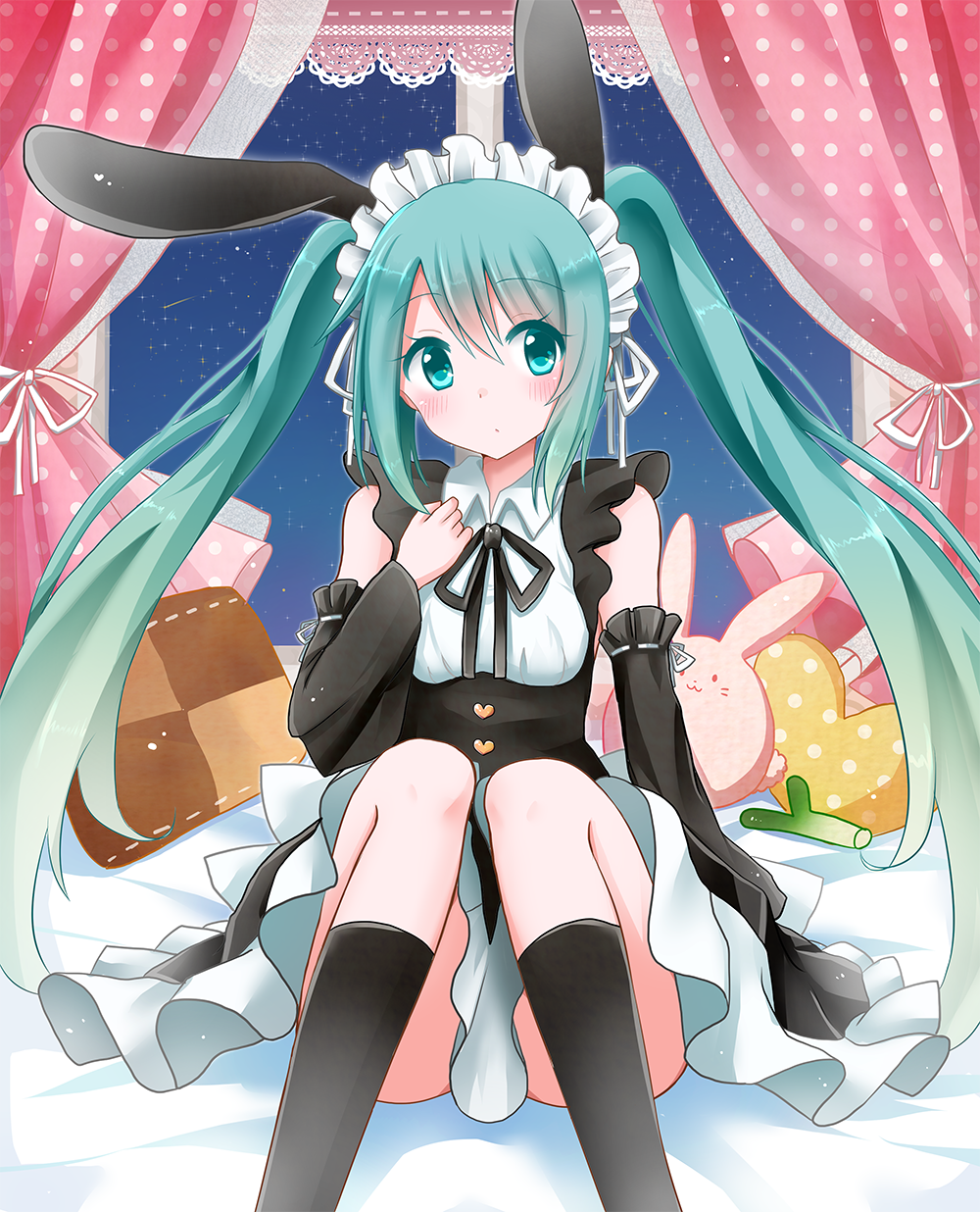 animal_ears, aqua_eyes, aqua_hair, cushion, hatsune_miku, highres, long_hair, rabbit_ears