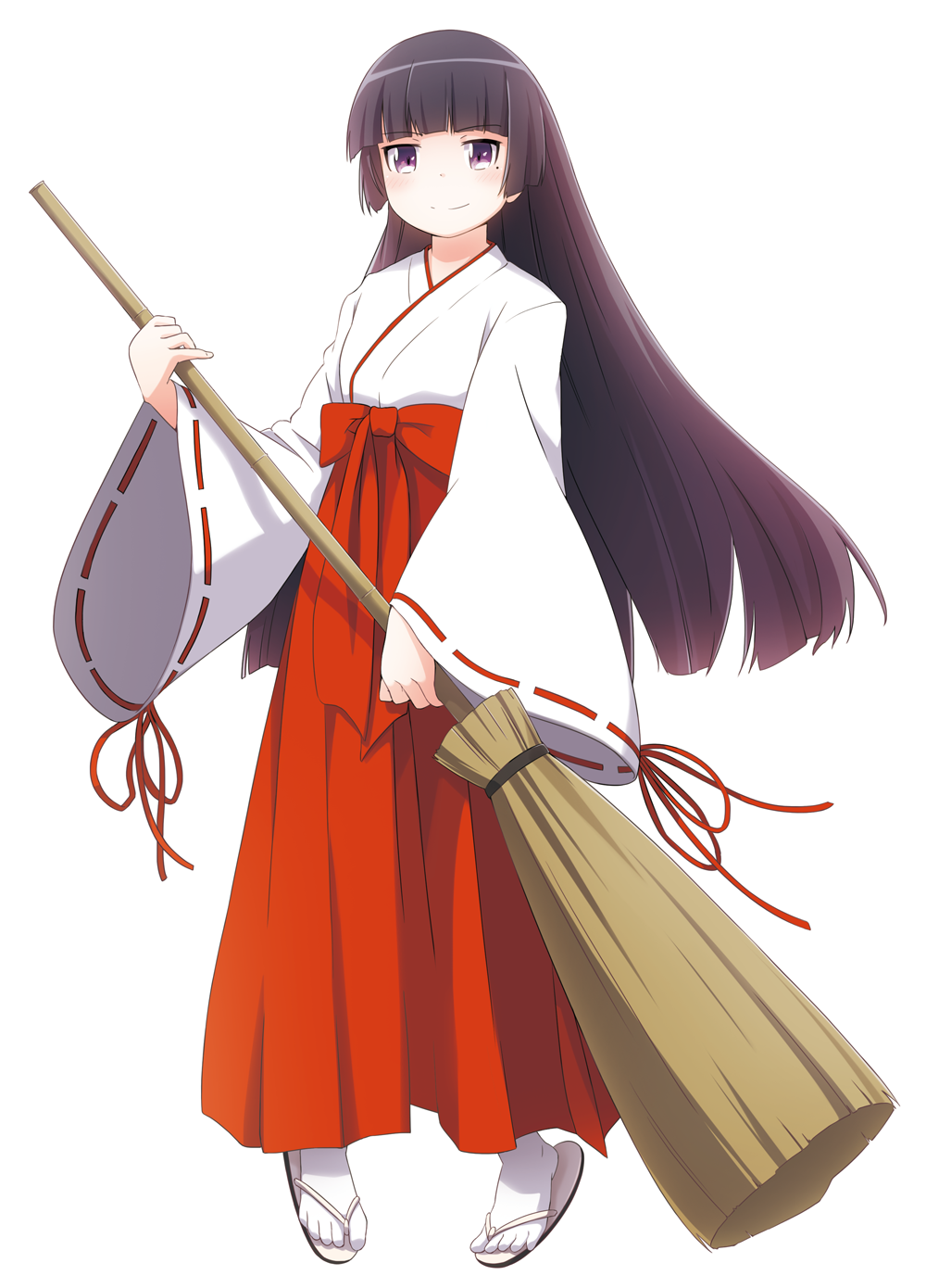 1girl, black_hair, blush, broom, gokou_ruri, hakama, highres, hime_cut