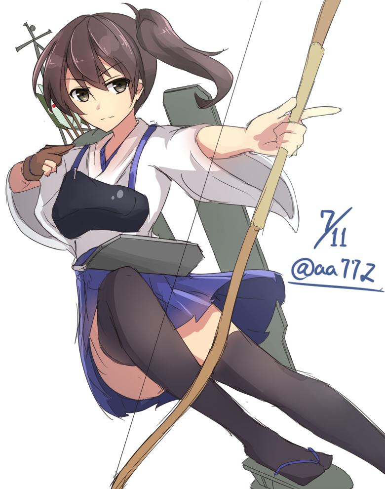 archer, blue_eyes, bow_and_arrow, brown_hair, kaga_(kantai_collection), kantai_collection, long_hair, miko
