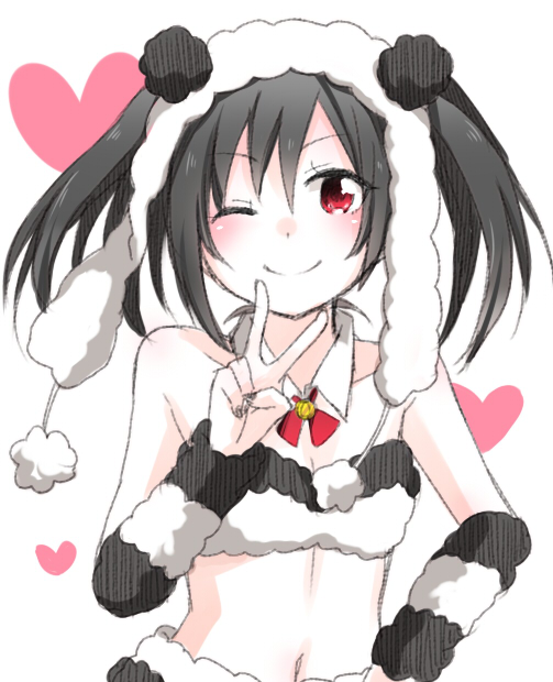 1girl, animal_costume, black_hair, blush, detached_sleeves, heart, hoshina_mako, long_hair