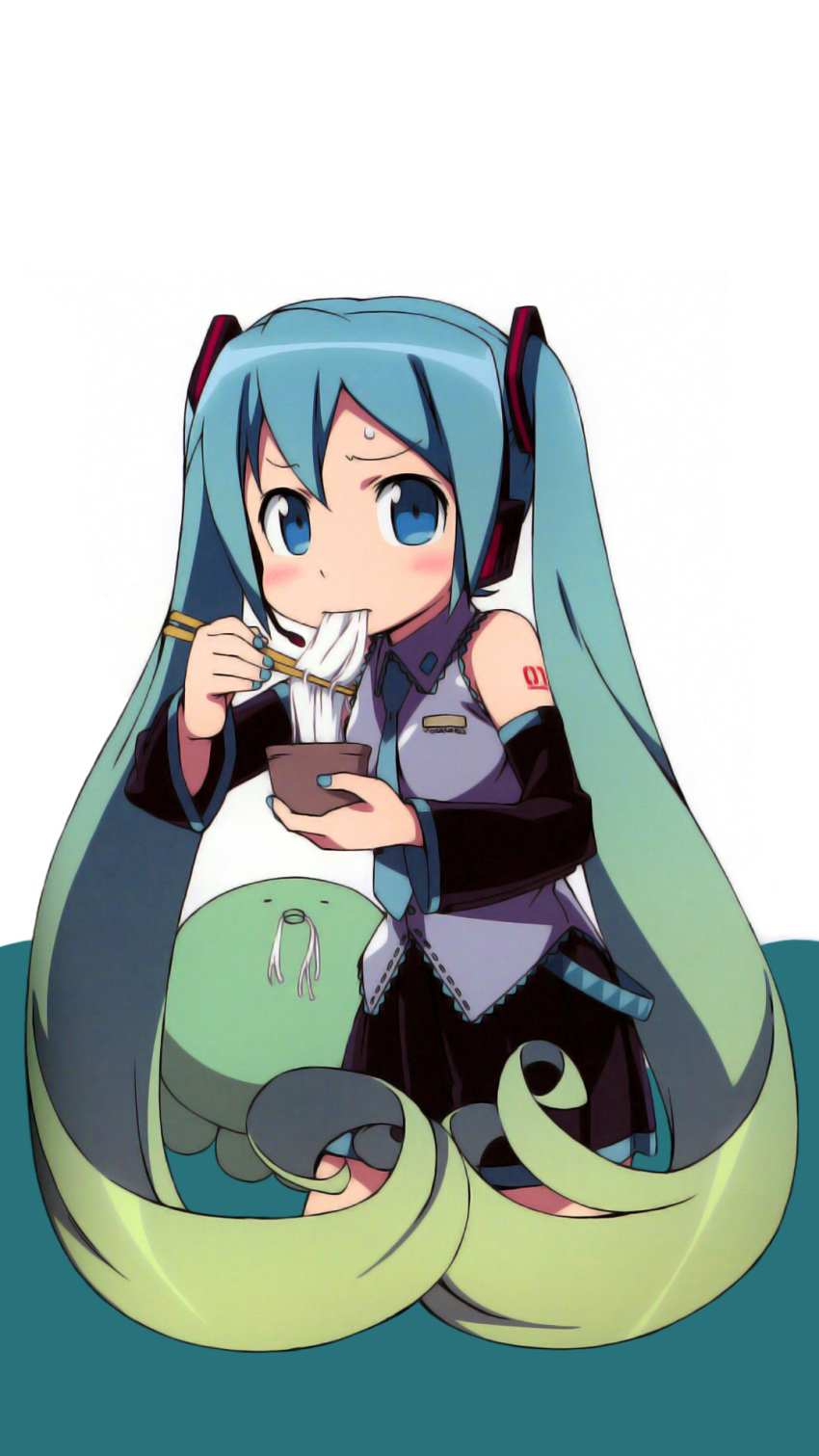 1girl, aqua_eyes, aqua_hair, blush, detached_sleeves, eating, food, green_hair, hatsune_miku, hiroyuki_oda, kanzaki_hiro, long_hair, noodles, ramen, skirt, sweatdrop, tagme, tie, twintails, vocaloid