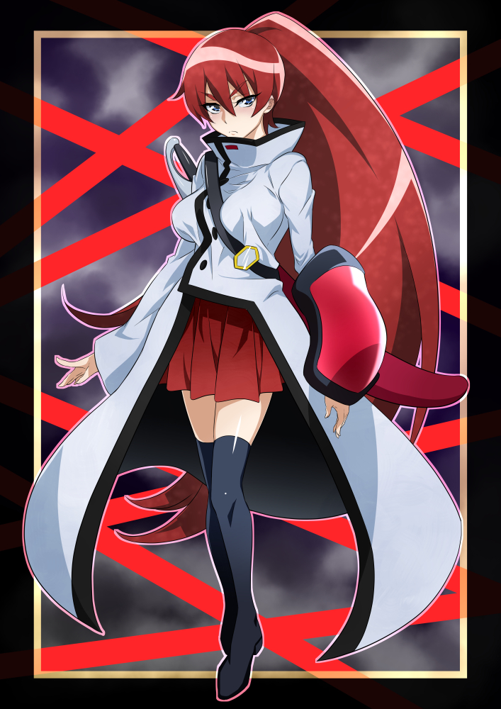 1girl, arm_guard, blue_eyes, blush, breasts, cape, cure_unlovely, female, genderswap, happinesscharge_precure!, long_hair, mirror, nakahira_guy, phantom_(happinesscharge_precure!), ponytail, precure, redhead, skirt, solo, sword