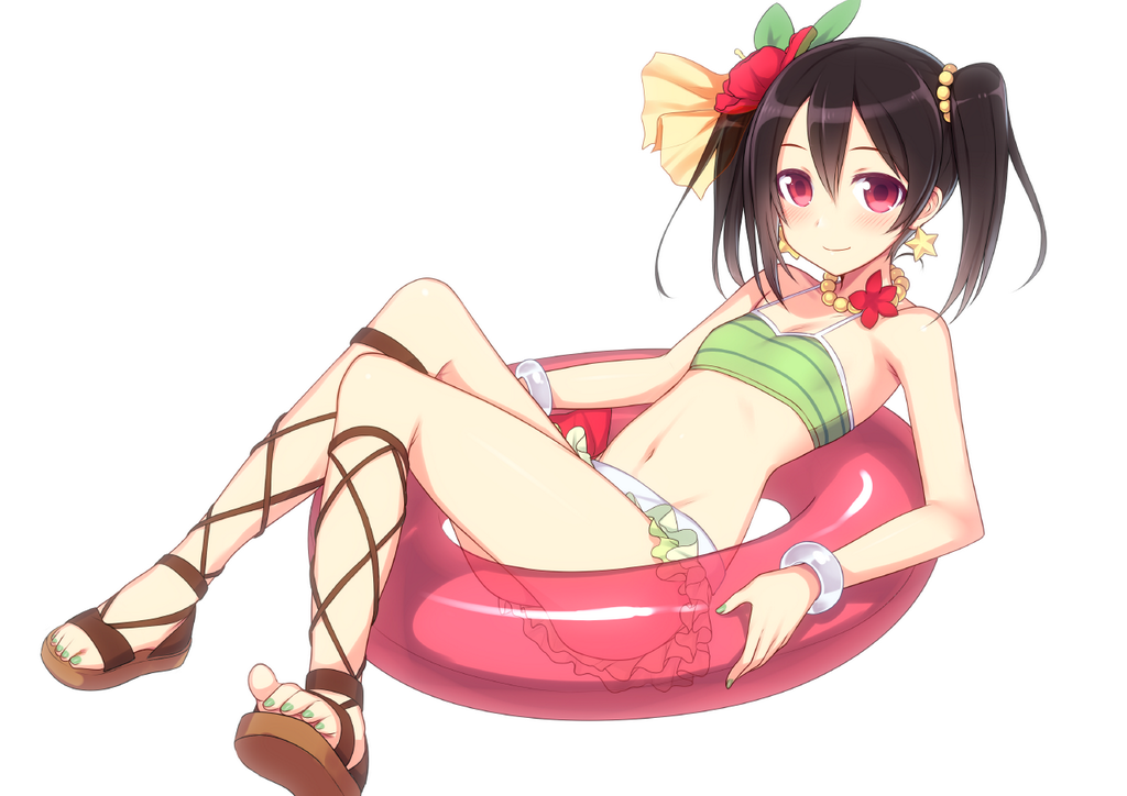 bikini, black_hair, blush, long_hair, love_live!_school_idol_project, red_eyes, twintails, water_float, yazawa_nico