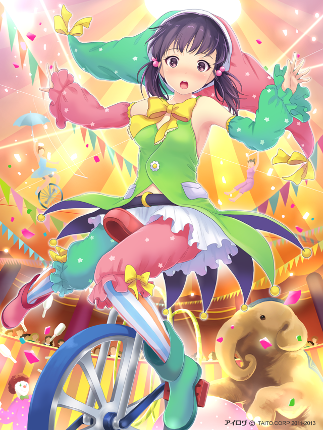 1girl, black_eyes, black_hair, blush, circus, clown, confetti, detached_sleeves