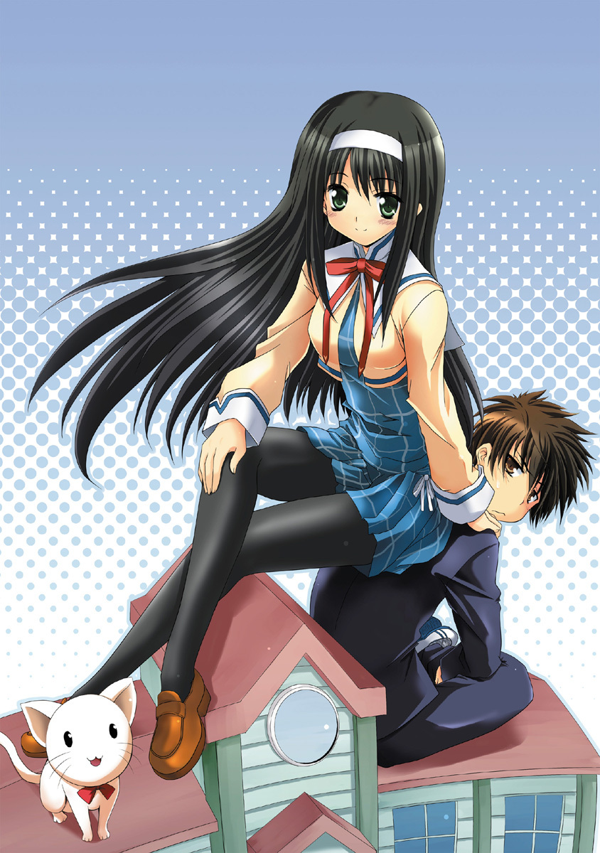 1boy, 1girl, :<, black_hair, brown_eyes, brown_hair, cat, character_request