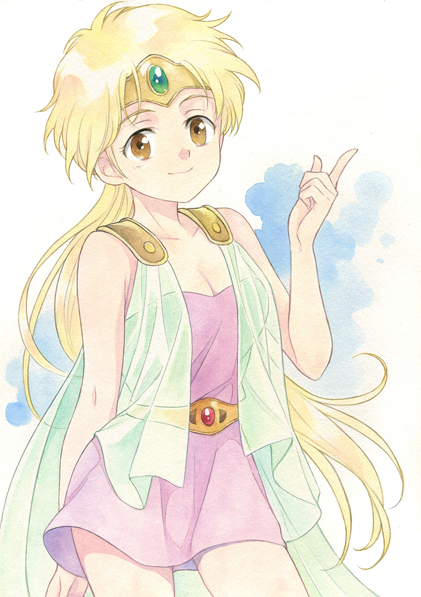 1girl, agahari, bare_shoulders, blonde_hair, breasts, brown_eyes, cape, circlet