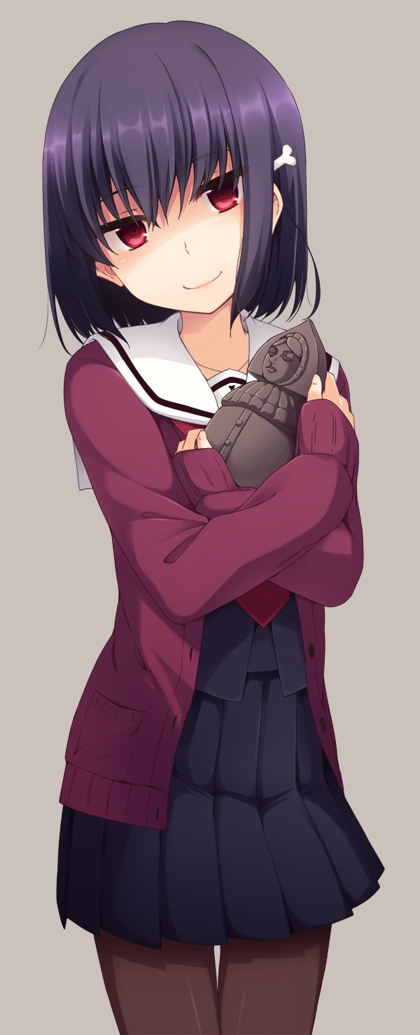 1girl, black_legwear, cardigan, cowboy_shot, grey_background, hair_ornament, head_tilt, highres