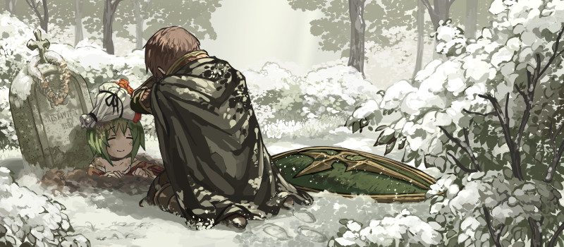 1boy, 1girl, armor, bouquet, brown_hair, bush, cloak, cross