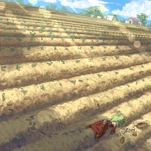 bird, boots, crops, dress, elona, farm, field, footprints