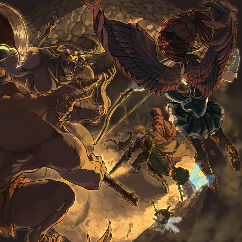 armor, axe, black_angel_(elona), black_cat, black_cat_(elona), black_wings, bow, brown_hair, cat, cave, cloak, cute_fairy_(elona), defender_(elona), dress, elona, exile_(elona), fairy_wings, green_hair, hair_ribbon, hooded_cloak, injury, minotaur, purple_hair, ribbon, rueken, shield, skeleton, staff, twintails, weapon, wings