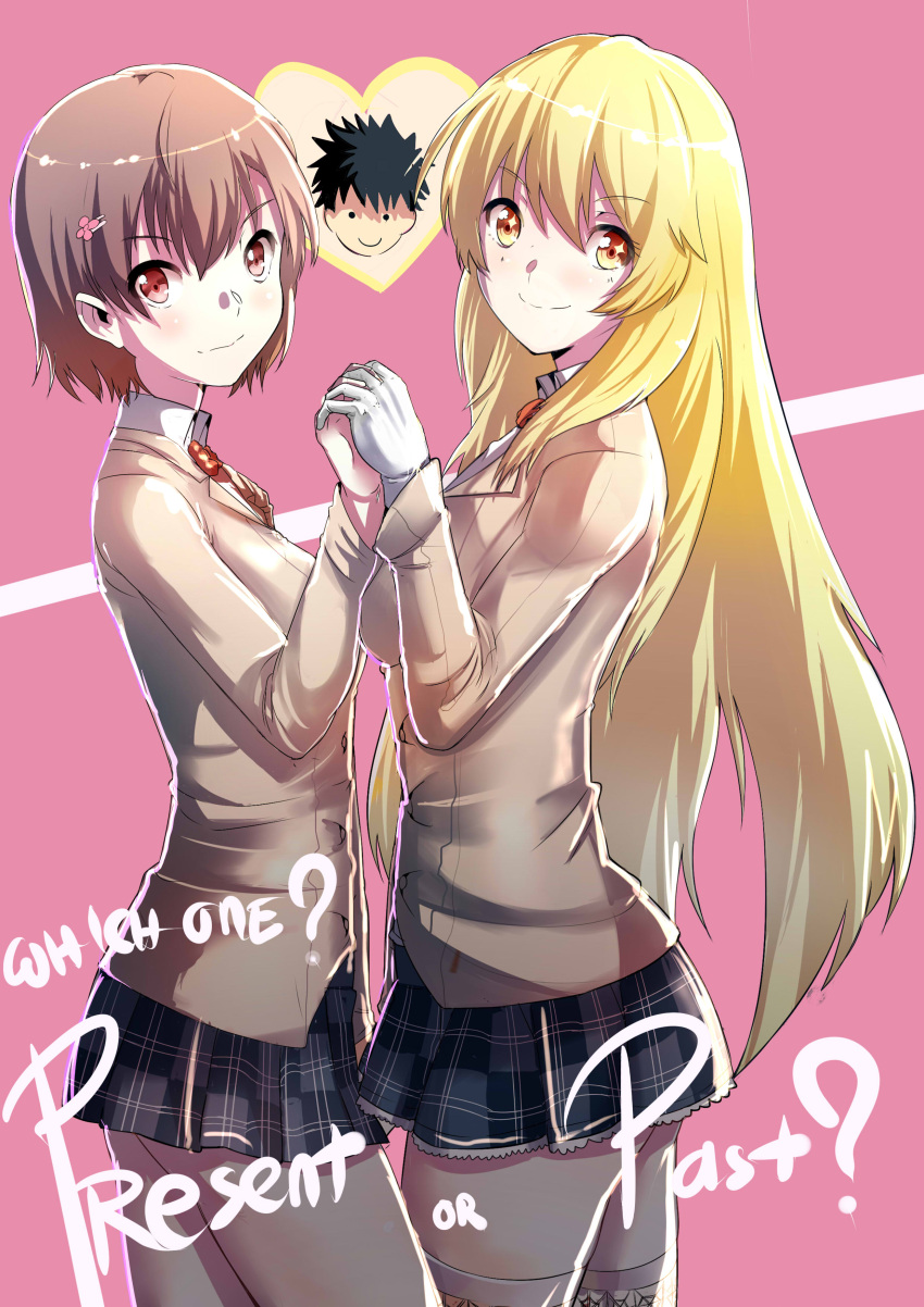 +_+, 2girls, absurdres, blonde_hair, brown_eyes, brown_hair, elbow_gloves, gloves