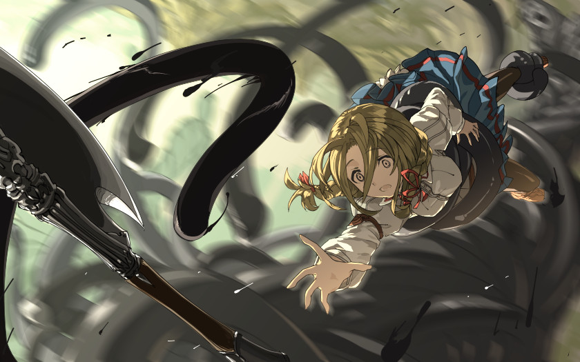 1girl, :o, axe, blonde_hair, blouse, boots, braid, elona