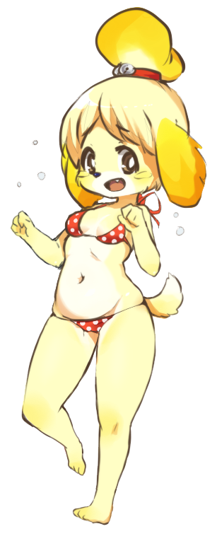 animal_crossing, bell, bikini, blonde_hair, bonyonyo, brown_eyes, dog, isabelle_(animal_crossing), swimsuit, tagme