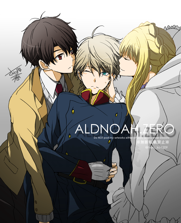 1girl, 2boys, aldnoah.zero, asseylum_vers_allusia, blonde_hair, blush, brown_eyes, brown_hair