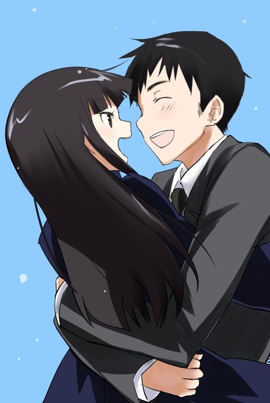 1boy, 1girl, black_eyes, black_hair, bouquet, closed_eyes, couple, flower