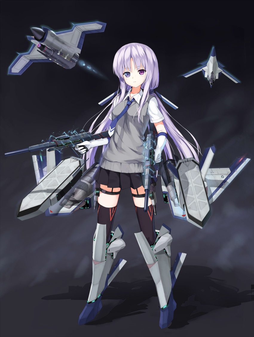 1girl, absurdres, ace_combat, airplane, assault_rifle, cfa-44_nosferatu, elbow_gloves, fighter_jet