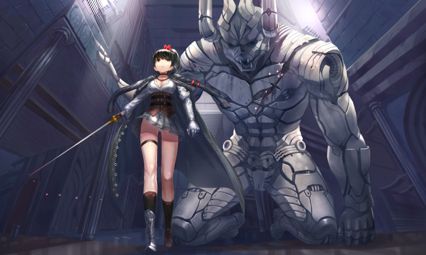 1girl, arm_support, armor, bangs, black_hair, black_jacket, black_legwear, boots