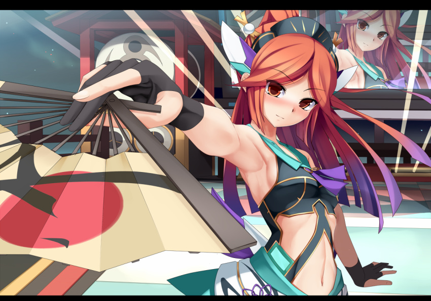 1girl, armpits, blue_hair, blush, breasts, brown_eyes, eto, fan