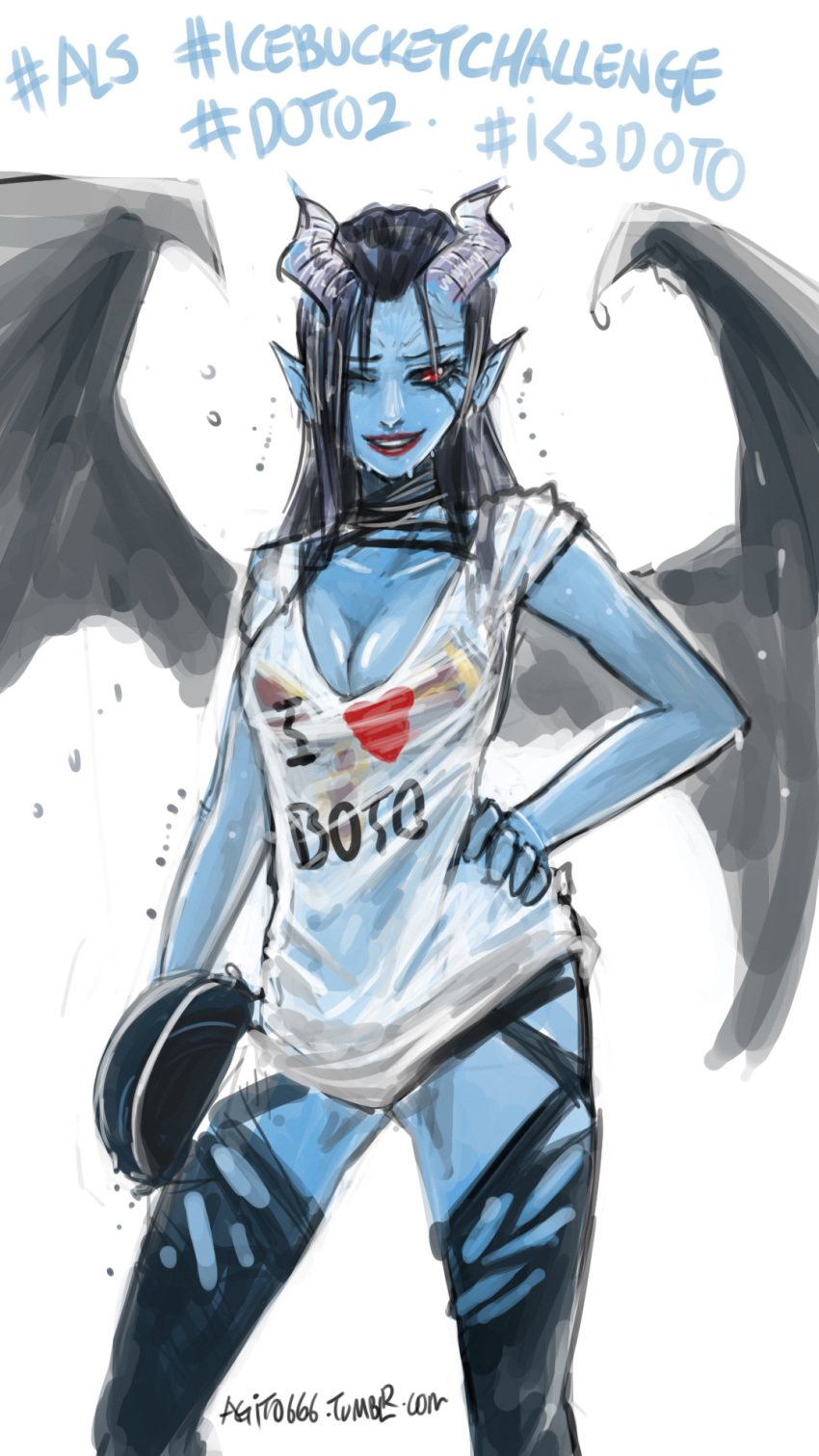1girl, agito666, akasha_the_queen_of_pain, black_hair, blue_skin, bucket, defense_of_the_ancients, demon_girl, demon_wings, dota_2, hand_on_hip, highres, horns, long_hair, looking_at_viewer, one_eye_closed, pointy_ears, red_eyes, shirt, smile, solo, wet, wet_clothes, wet_shirt, wings