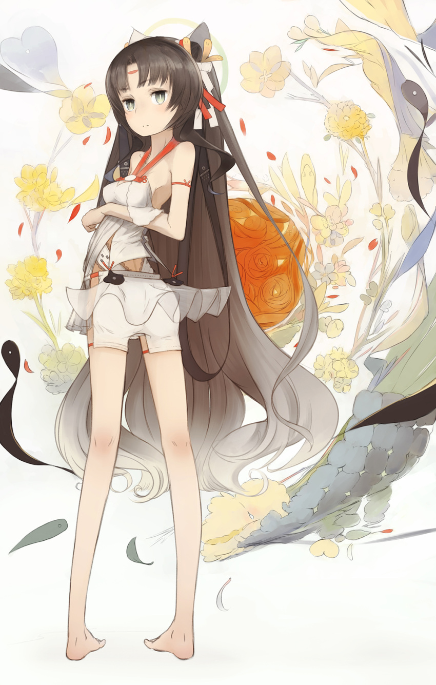 1girl, al-qalam, bare_legs, bare_shoulders, barefoot, black_hair, flower, from_behind