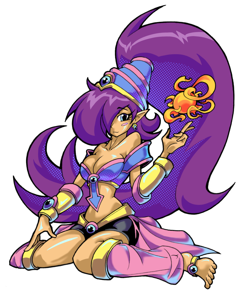anklet, bare_shoulders, barefoot, blue_eyes, blush_stickers, breasts, cleavage, dark_magician_girl, dark_skin, detached_leggings, duel_monster, earrings, fire, hair_over_one_eye, hair_tubes, hallowgazer, highres, jewelry, large_breasts, long_hair, magic, pointy_ears, purple_hair, shantae, shantae_(character), shorts, showgirl_skirt, sitting, toes, vambraces, very_long_hair, wariza, yuu-gi-ou, yuu-gi-ou_duel_monsters