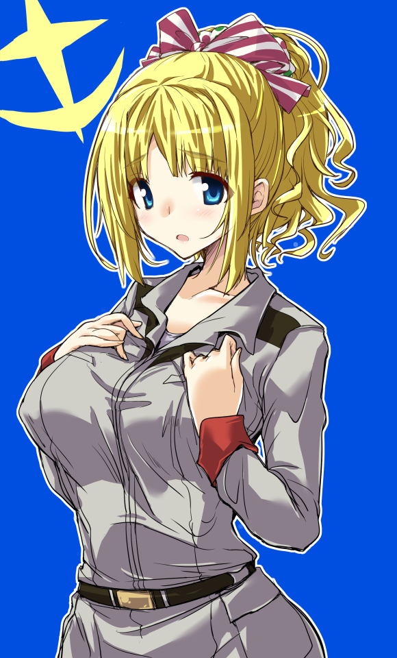 1girl, blonde_hair, blue_eyes, breasts, gundam_online, hair_ribbon, hirowa_nagi, long_hair, looking_at_viewer, military, military_uniform, ponytail, ribbon, solo, uniform