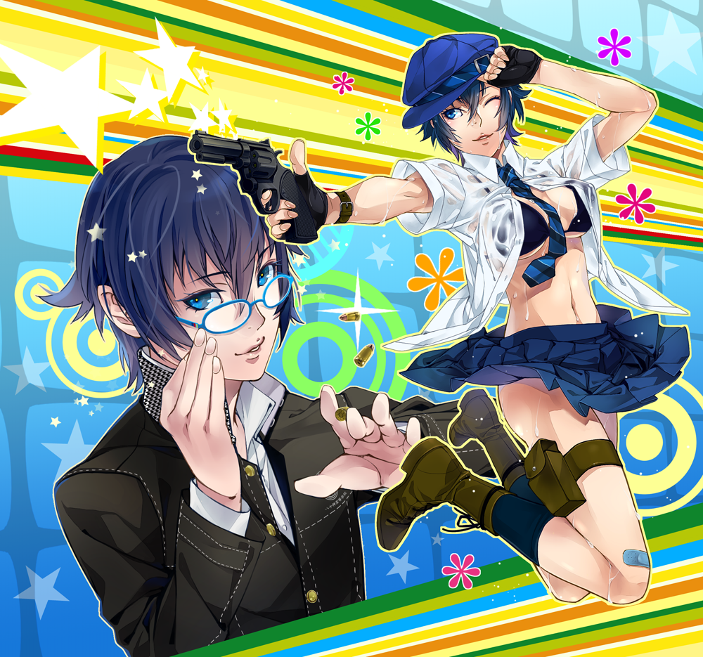 1girl, aiming, alternate_costume, androgynous, bandages, between_breasts, bikini_top, blue_eyes