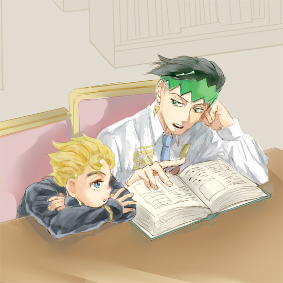 2boys, arm_support, black_hair, blonde_hair, blue_eyes, book, desk, earrings