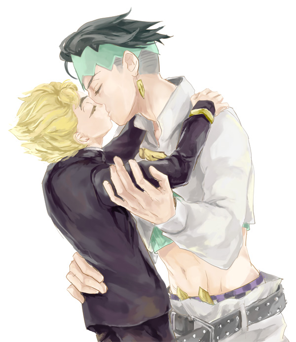 2boys, belt, black_hair, blonde_hair, closed_eyes, earrings, gakuran, headband