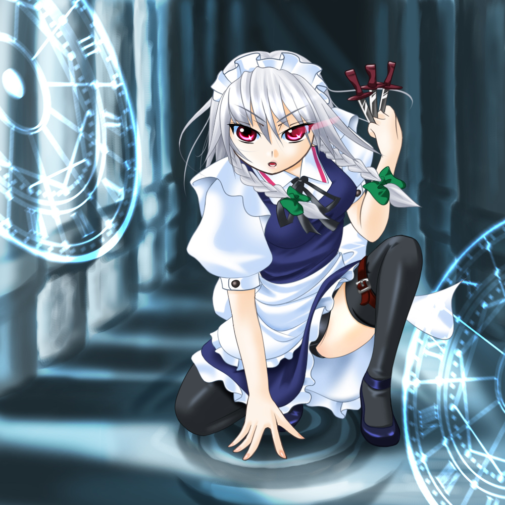 izayoi_sakuya, knife, magic_circle, maid, marl, red_eyes, short_hair, silver_hair, thigh-highs, thighhighs, touhou, twin_braids