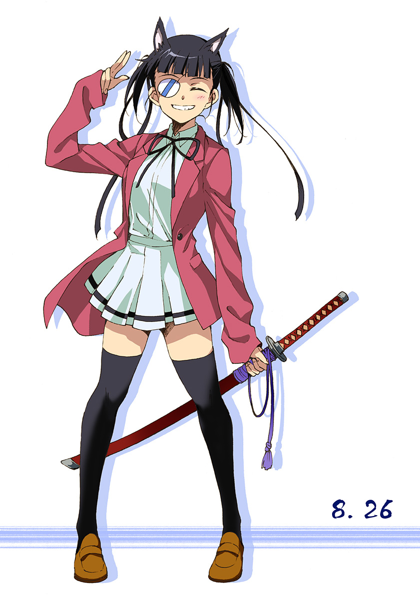 1girl, agahari, animal_ears, black_hair, black_legwear, bokusatsu_tenshi_dokuro-chan, closed_eyes, dated