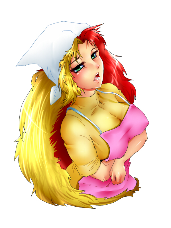 1girl, apron, blonde_hair, blush, breasts, chara_soon, crossed_arms, eyelashes