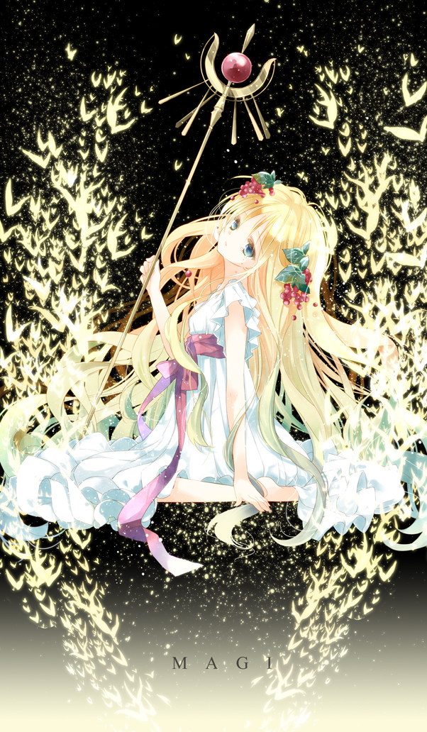 1girl, blonde_hair, blue_eyes, copyright_name, dress, hair_ornament, holding, konataeru
