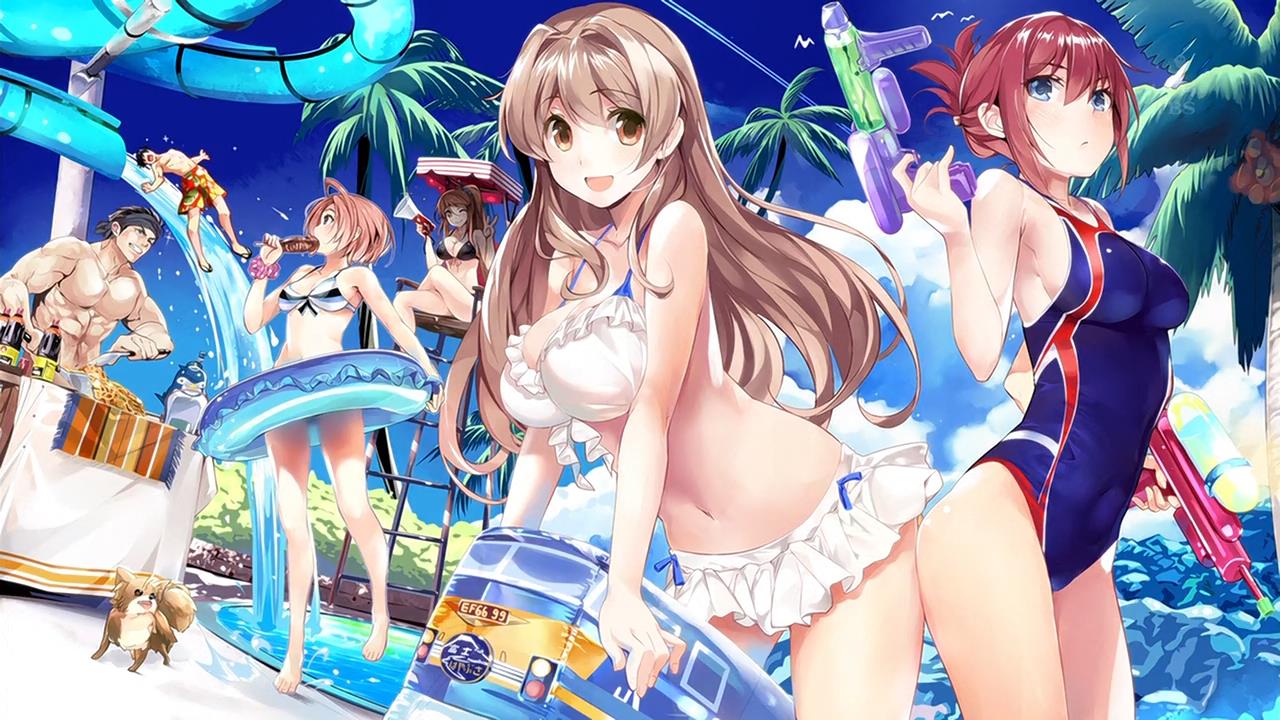 2boys, 4girls, bikini, blue_eyes, breasts, brown_eyes, clouds, dog
