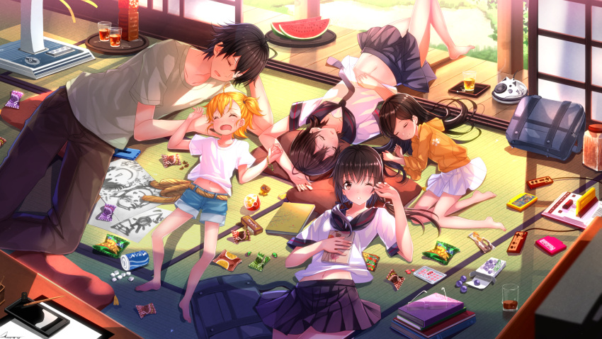 1boy, 4girls, antenna_hair, arai_tamako, bag, barakamon, barefoot, black_hair