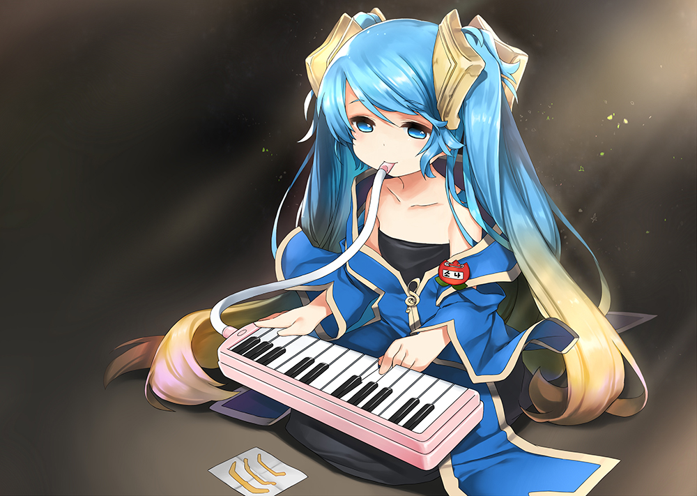 1girl, blue_eyes, blue_hair, hair_ornament, instrument, keyboard_(instrument), korean, league_of_legends
