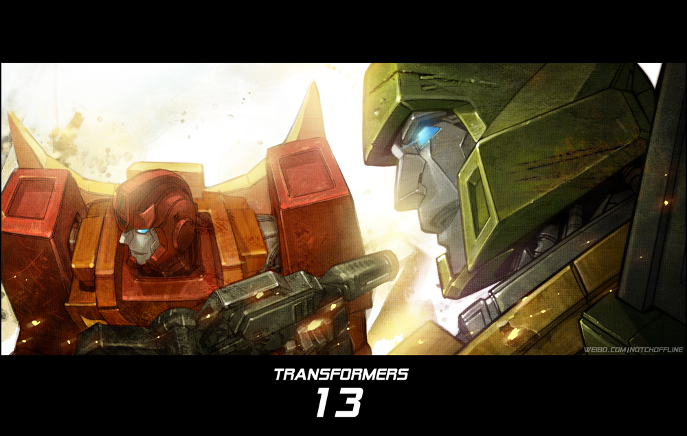 2boys, autobot, battle, glowing, glowing_eyes, gun, hot_rod, letterboxed