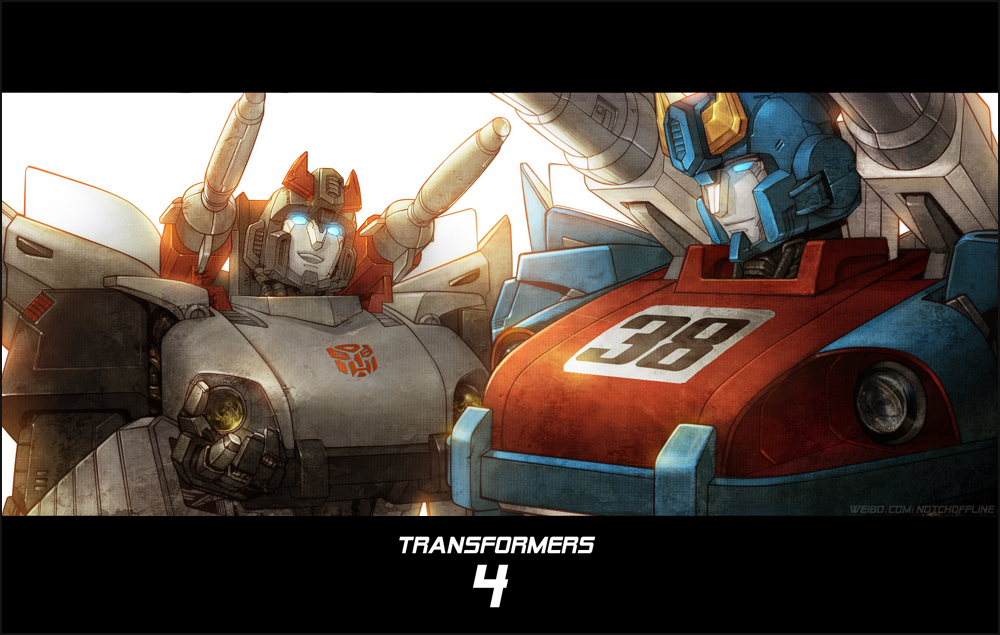 2boys, autobot, bluestreak_(transformers), glowing, glowing_eyes, insignia, letterboxed, mecha