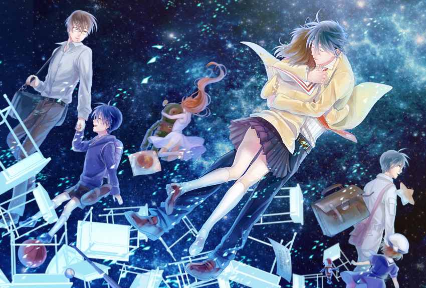 2boys, 2girls, antenna_hair, backpack, bag, baseball, baseball_bat, basketball, blazer, blue_hair, bread, brown_hair, child, clannad, closed_eyes, dress, family, father_and_daughter, father_and_son, food, furukawa_nagisa, garbage_doll, girl_from_the_illusionary_world, glasses, hat, highres, hoodie, husband_and_wife, koyasu, mother_and_daughter, multiple_boys, multiple_girls, okazaki_naoyuki, okazaki_tomoya, okazaki_ushio, randoseru, school_uniform, serafuku, shorts, smile, upskirt, wind_lift, younger