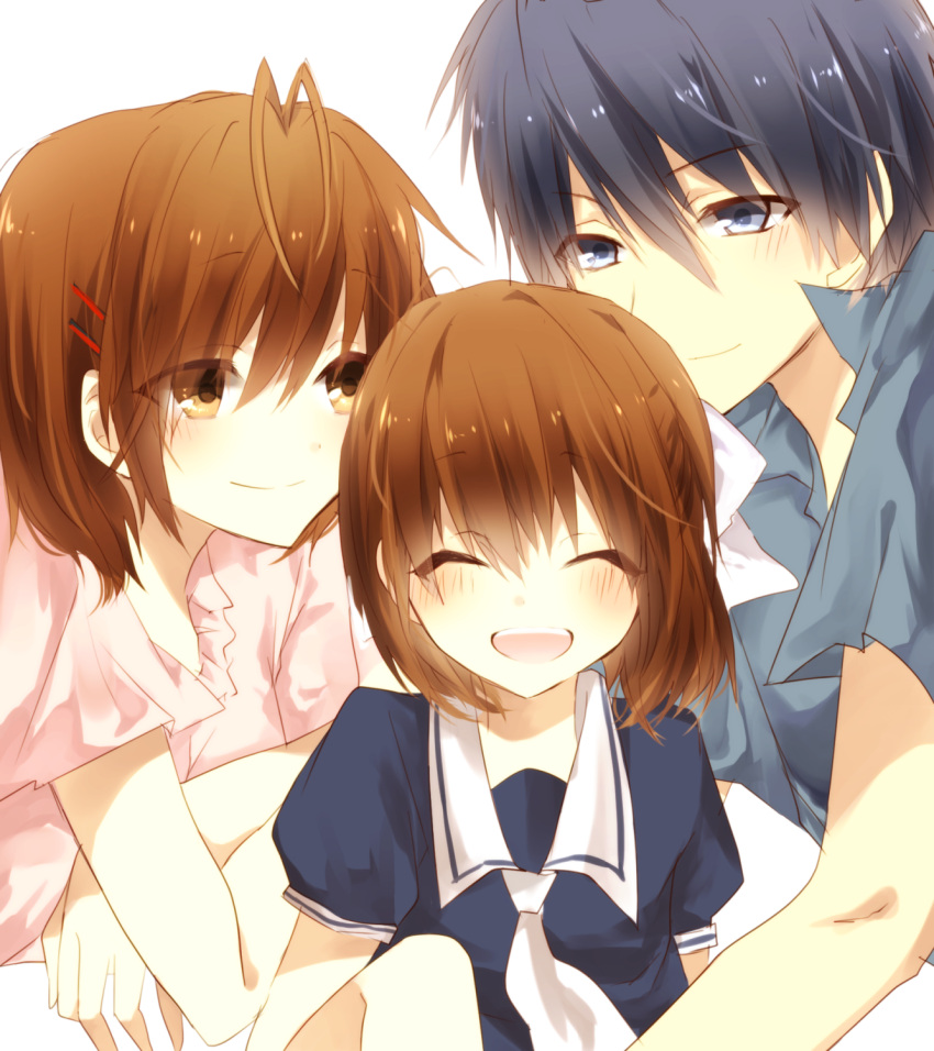 1boy, 2girls, :d, antenna_hair, blue_eyes, blue_hair, brown_eyes, brown_hair