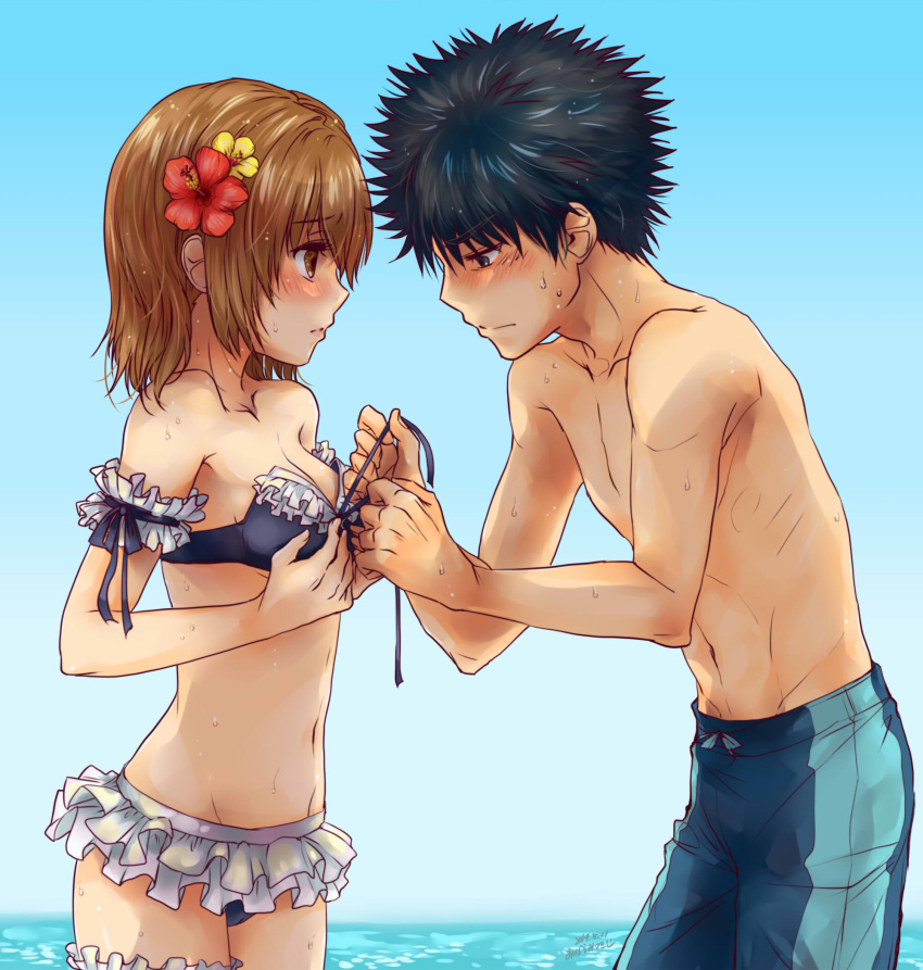 aibara_mitsuki, arm_garter, bikini, black_eyes, black_hair, blush, breasts, brown_eyes, brown_hair, cleavage, flower, hair_flower, hair_ornament, highres, kamijou_touma, misaka_mikoto, spiky_hair, swimsuit, to_aru_kagaku_no_railgun, to_aru_majutsu_no_index