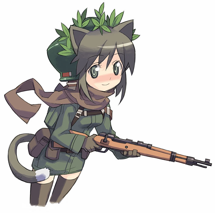 army, belt, bolt_action, brown_hair, camouflage, cat_ears, green_eyes, gun, hat, helmet, mauser_98, nekomimi, rifle, scarf, short_hair, skirt, tail, tanaka_(cow), thigh_highs, thighhighs, uniform, weapon, world_war_ii