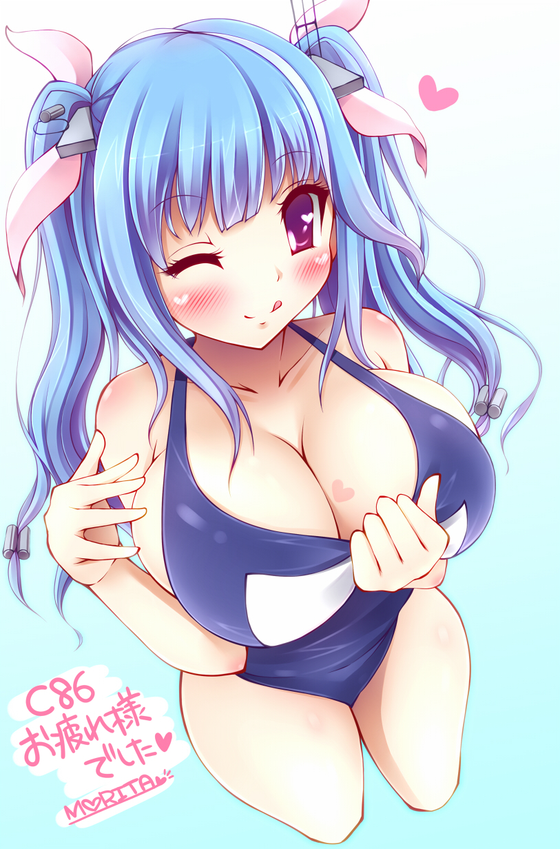 1girl, blue_background, blue_hair, blush, breasts, cleavage, gradient, gradient_background