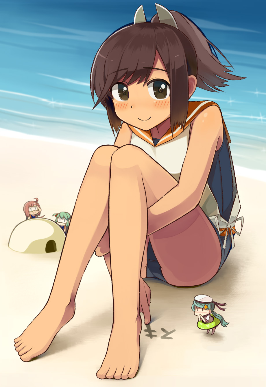 1girl, ahoge, barefoot, beach, blush, brown_eyes, brown_hair, covering_mouth